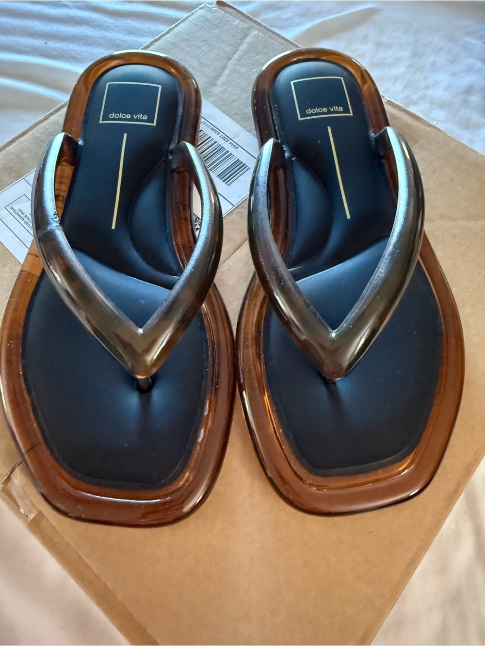 Dolce Vita Black Footbed Tortoiseshell Strap Slide Sandals